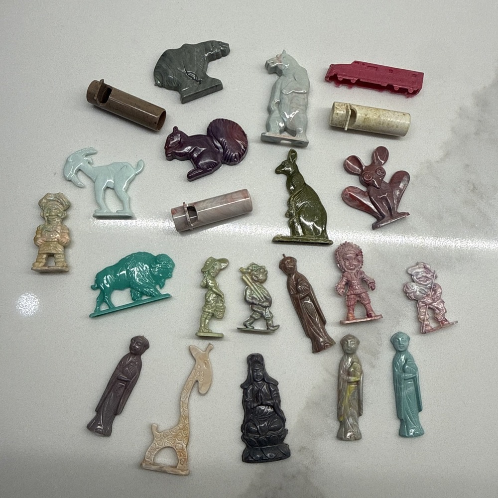Early Vintage Cracker Jack Prize Charms Lot Whistles Figures Animals 1940s–60s